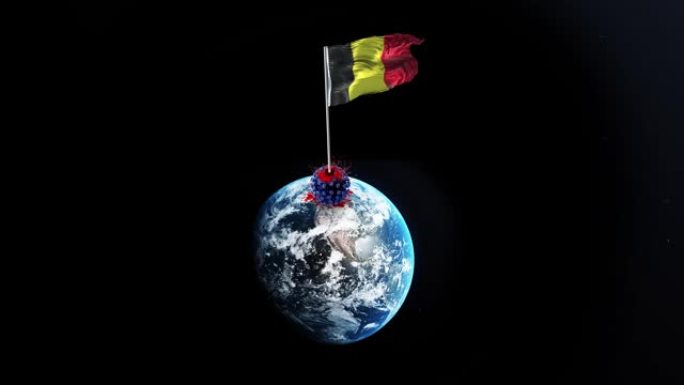 冠状病毒新型冠状病毒肺炎被比利时击败，比利时国旗在4k分辨率的旋转地球上挥舞着被拆除的病毒