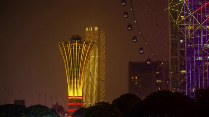 夜间照明长沙市著名摩天轮公园摩天大楼全景延时4k中国