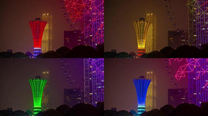 夜间照明长沙市著名摩天轮公园摩天大楼全景延时4k中国