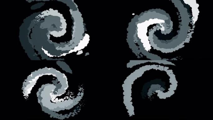 在黑色背景上旋转的卡通灰色和白色螺旋的单色抽象动画。动画。黑白动画