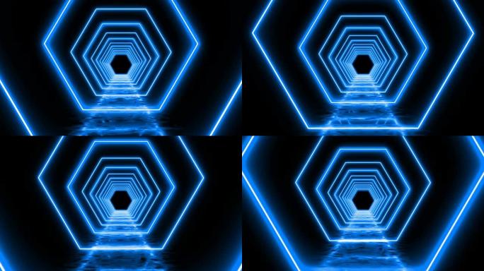 3D霓虹蓝色几何形状环形背景走廊