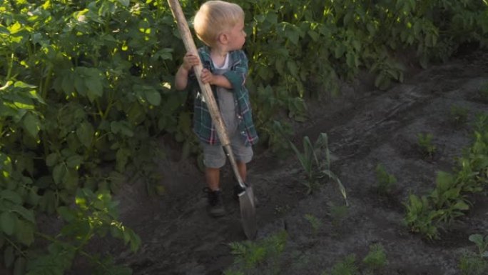 大花园铲子的小男孩园丁