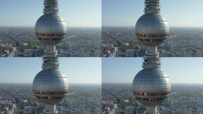 空中: 在炎热的夏日4k上，德国柏林亚历山大·普拉茨电视塔的超级特写视图