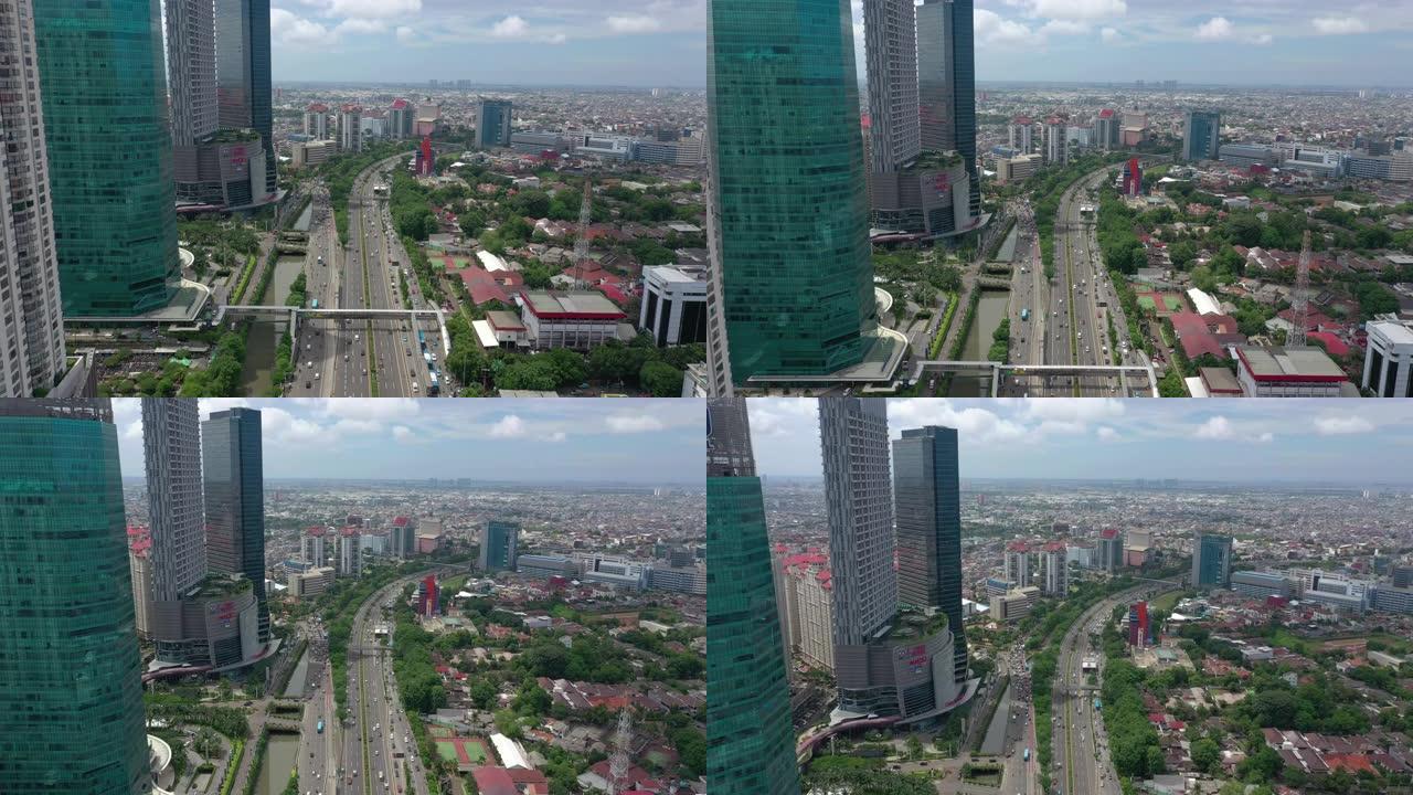 雅加达市晴天市中心交通街道路空中俯拍全景4k印度尼西亚