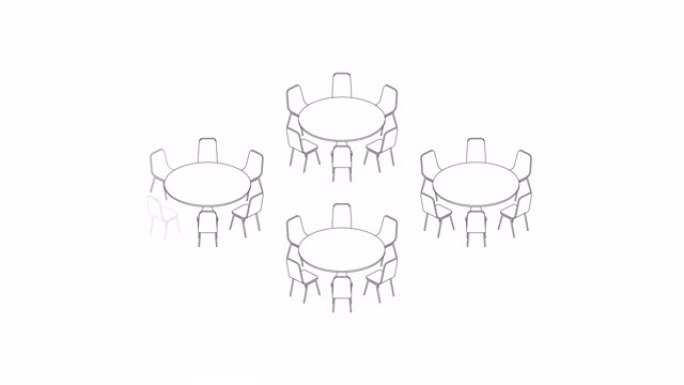 会议室设置布局配置宴会圆形风格，白色背景动画4K上的3D虚拟等距概念设计插图，带哑光阿尔法通道的复制