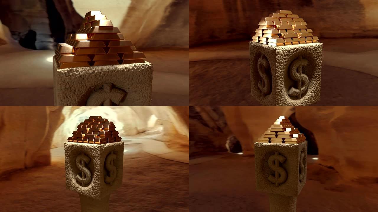 洞穴中纪念碑美元标志上的金锭条