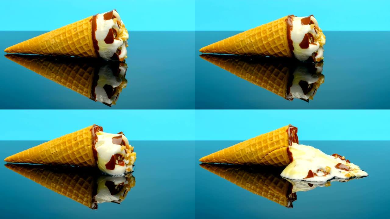 新鲜香草味冰淇淋蛋卷在玻璃上融化，反射延时