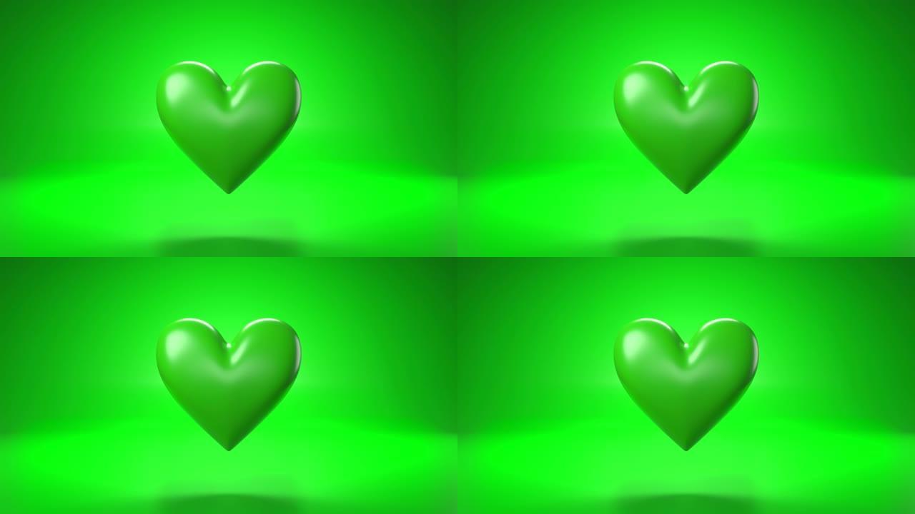在绿色背景上脉动绿色心形物体。