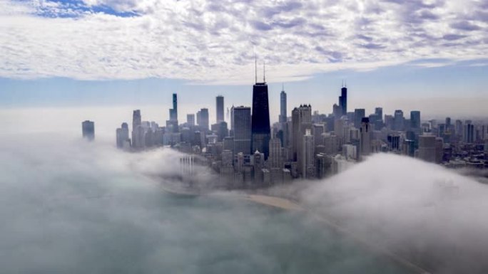 芝加哥市中心的鸟瞰图和湖泊效应雾-超失误