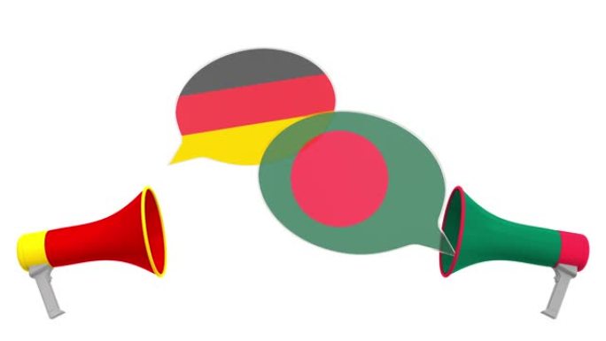 扩音器的语音气球上的孟加拉国和德国国旗。跨文化对话或国际会谈相关3D动画