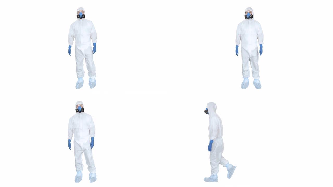 穿着防护服的病毒学家在白色背景上检查情况