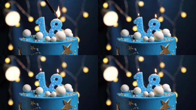 生日蛋糕编号18星星天空和月亮概念，蓝色蜡烛被打火机点燃，然后吹灭。如果需要，请在屏幕右侧复制空间。
