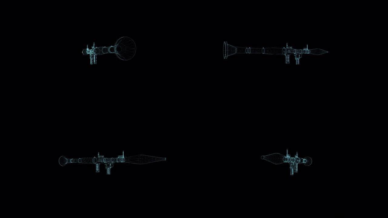 火箭筒全息线框。黑色背景上的漂亮3D动画，未来项目的无缝循环