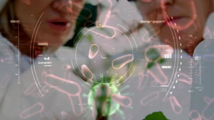 范围扫描和新型冠状病毒肺炎的动画在背景中传播给科学家。