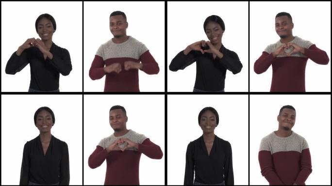 年轻的非洲夫妇的垂直拼贴画塑造心形的双手。关系概念。肢体语言和手势