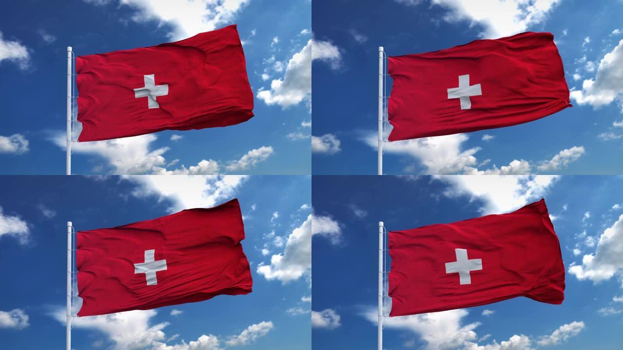 现实的瑞士国旗在风中飘扬，对抗着深蓝色的天空。无缝环与高度详细的织物纹理，4k分辨率