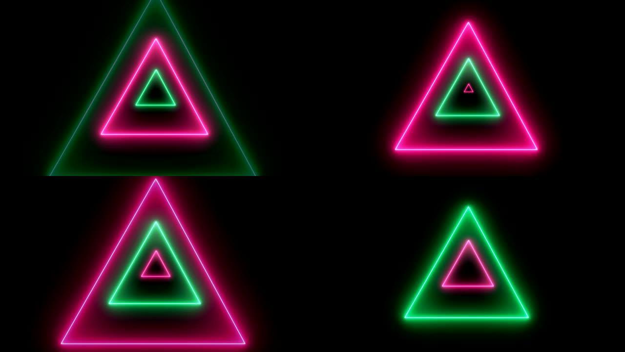 具有霓虹粉色和绿光效果的3D环形三角隧道