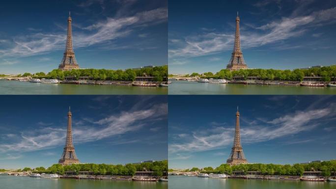 阳光明媚的夏日巴黎市著名的河畔海湾塔观景桥延时全景4k法国