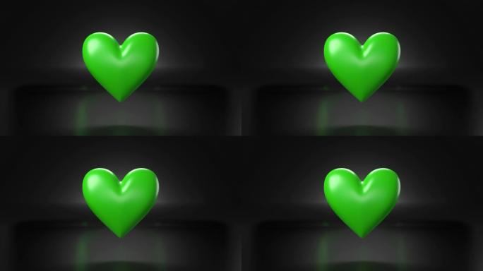 黑色背景上脉动绿色心形物体。
