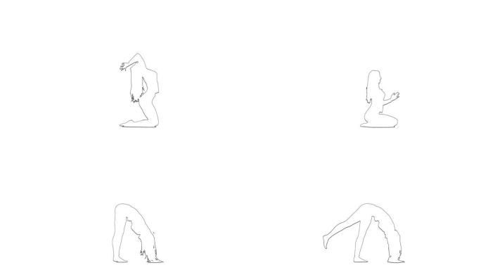 女孩做伸展运动的轮廓草图。剪影。白色背景