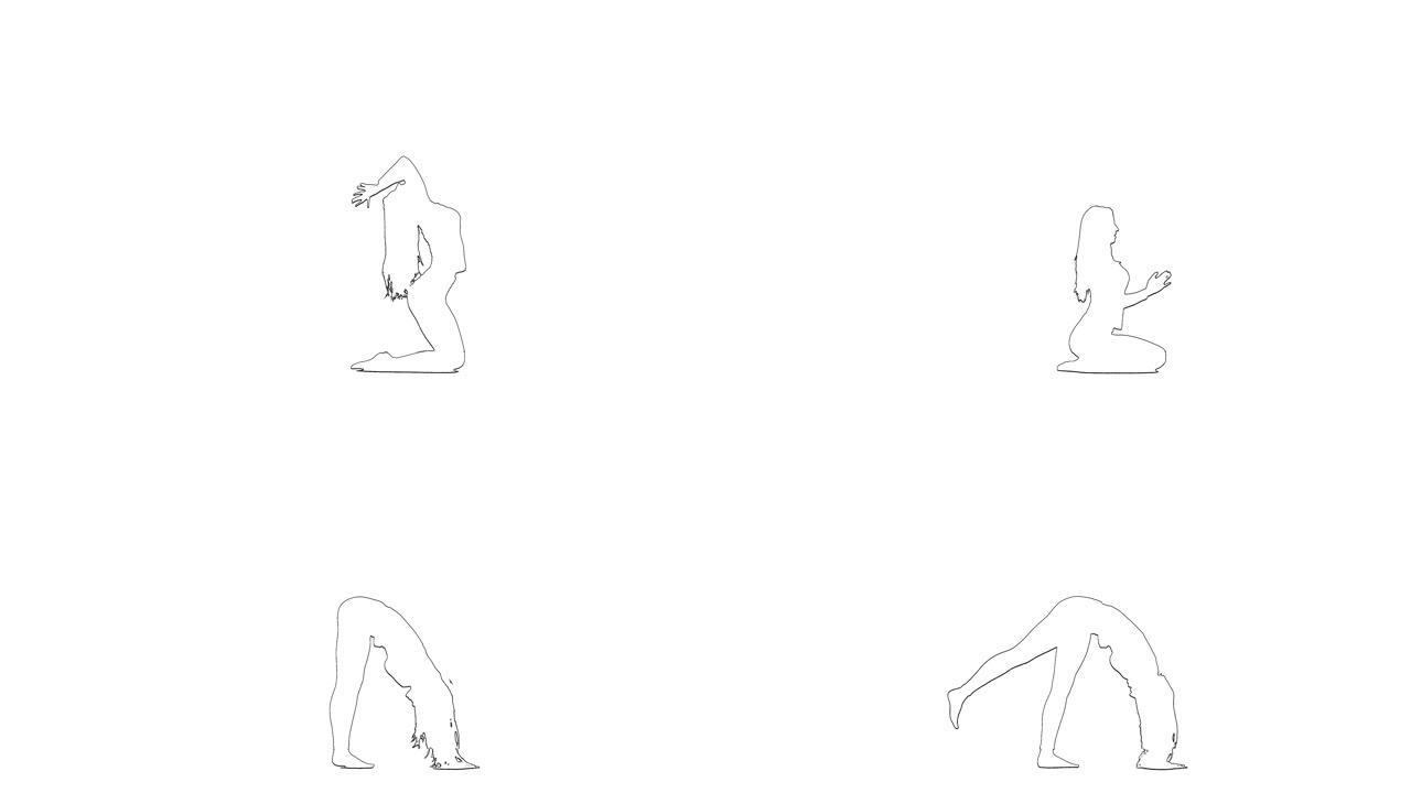 女孩做伸展运动的轮廓草图。剪影。白色背景