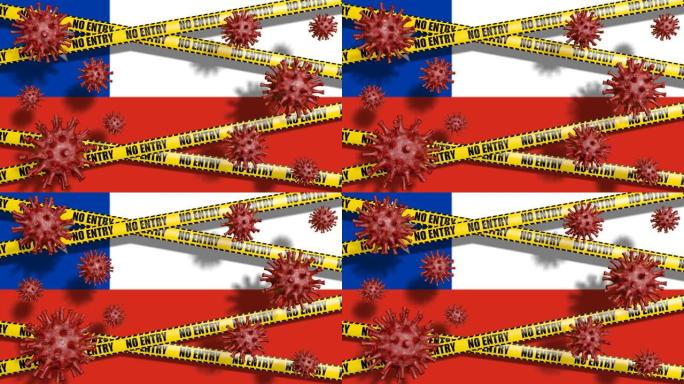 智利国旗和没有进入标志。循环抽象冠状病毒背景