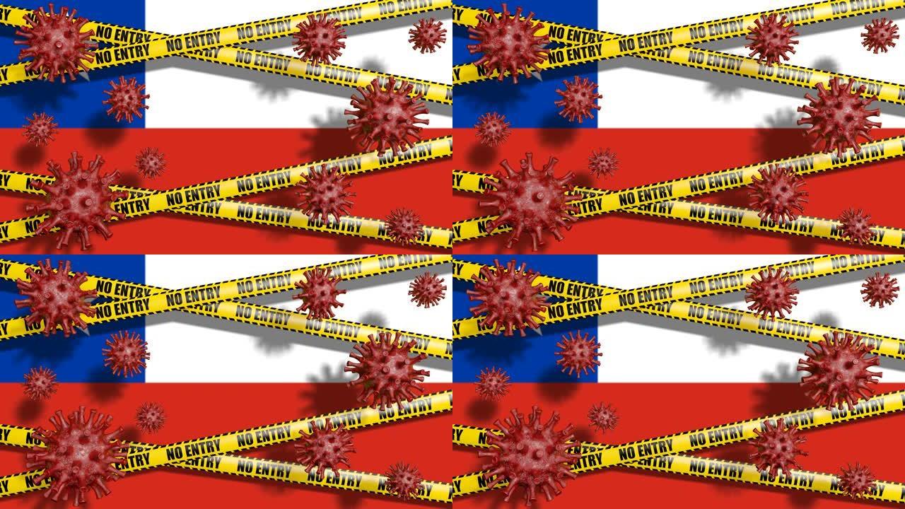 智利国旗和没有进入标志。循环抽象冠状病毒背景