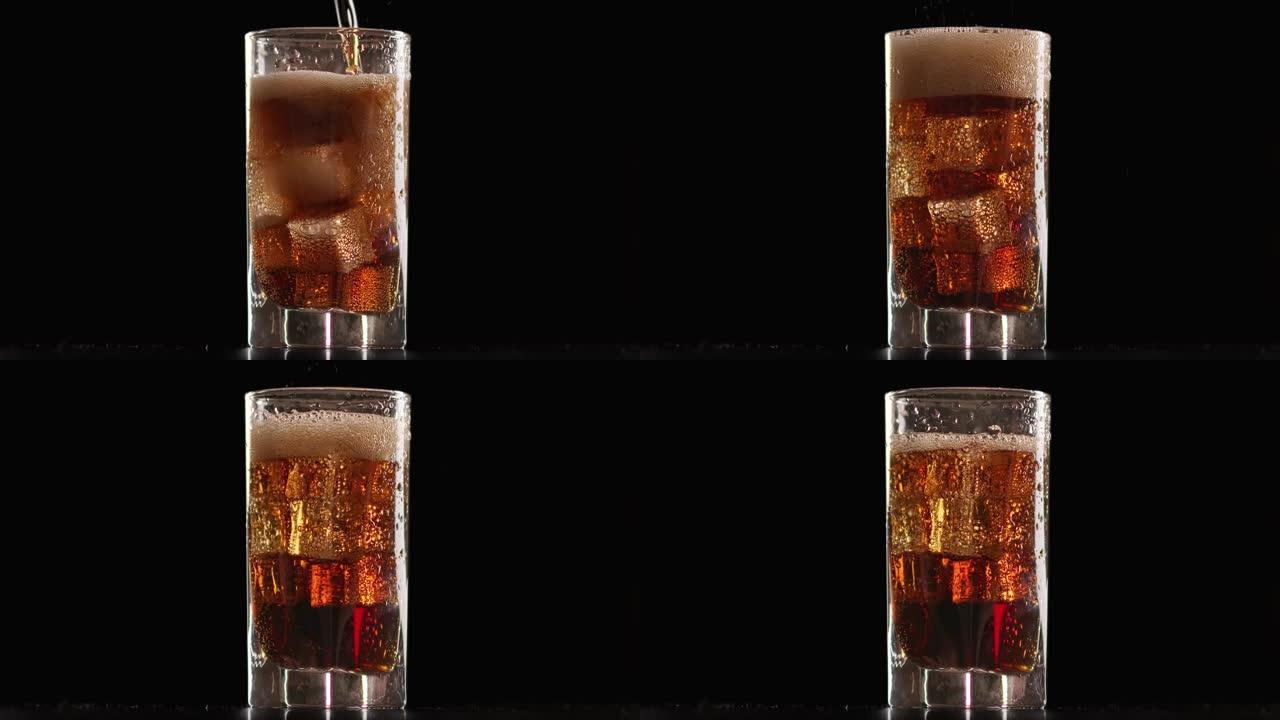 冷提神饮料流充满冰镇慢动作的玻璃杯。用4K红色相机拍摄