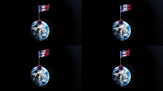 冠状病毒新型冠状病毒肺炎被法国击败，法国国旗在4k分辨率的旋转地球上挥舞着被拆除的病毒