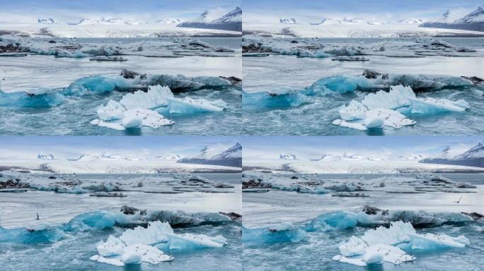 冰岛，Jokulsarlon泻湖，美丽的寒冷景观4k冰岛冰川泻湖湾的延时。4K Timelaspe