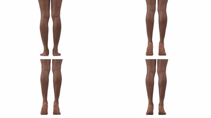 一个年轻的非洲妇女的背影做脚跟和脚趾抬起。孤立，在白色背景上