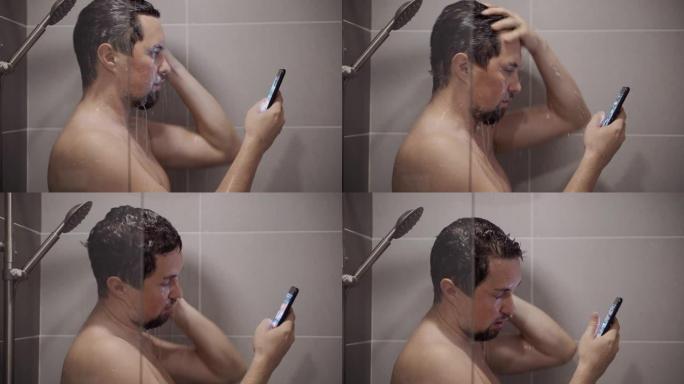 男人在洗澡时用智能手机浏览社交网络