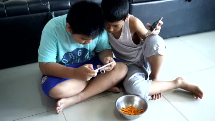两兄弟使用智能手机玩游戏。