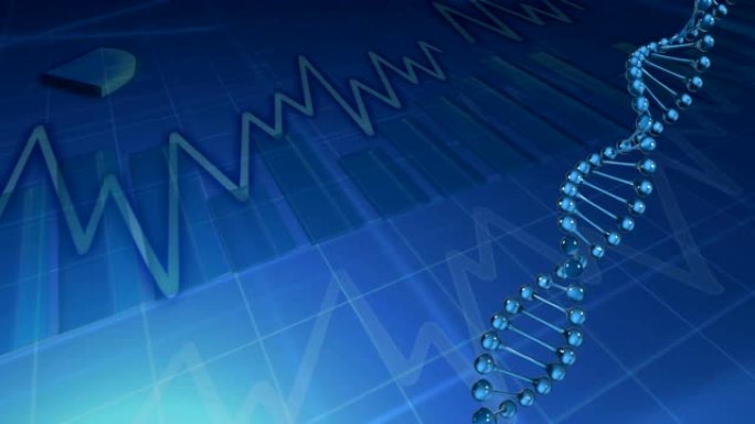DNA菌株在股市数据记录上旋转的动画，统计数据显示