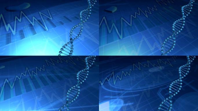 DNA菌株在股市数据记录上旋转的动画，统计数据显示