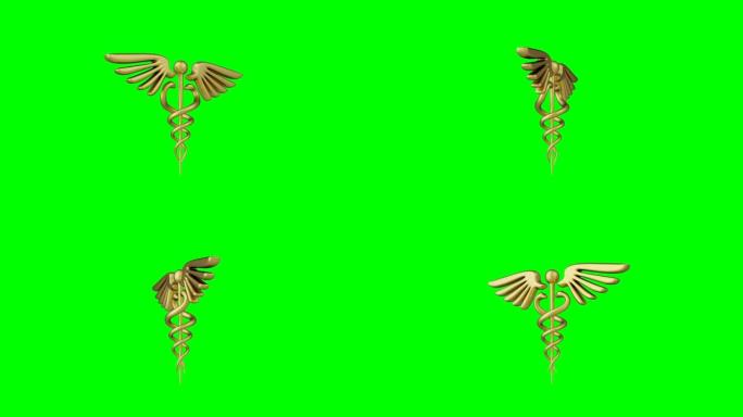Caduceus医学符号隔离在绿色背景上。医生星上的蛇标志。3d渲染