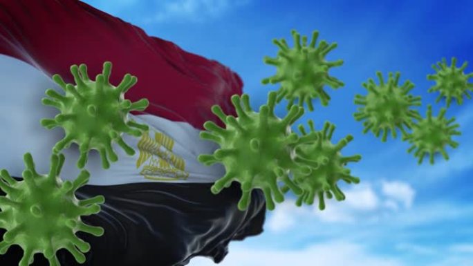 冠状病毒新型冠状病毒肺炎以4k分辨率飞向天空或从埃及国旗上清洗