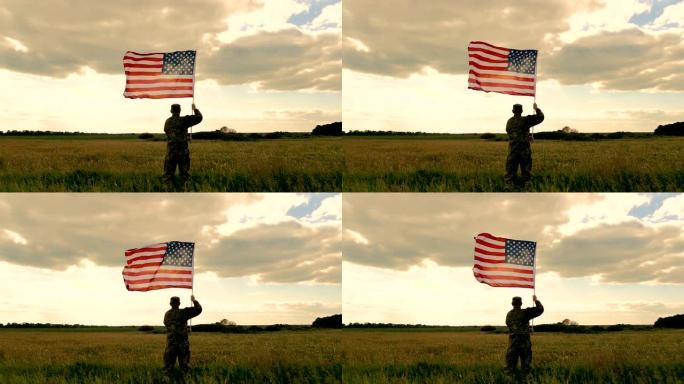 士兵们站在战场上，高举美国国旗对抗天空。慢动作