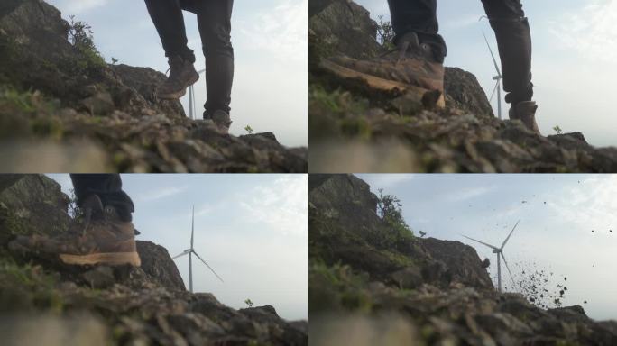 登山户外徒步脚步特写  风电脚步