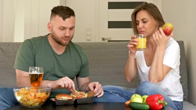 年轻夫妇有不同的饮食习惯。丈夫乐于吃快餐，妻子吃素。健康和不健康的饮食