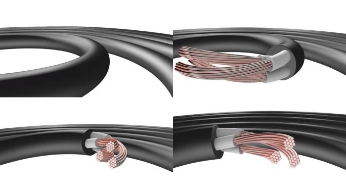 用于连接到电网的电缆。深色外壳和浅色背景上的铜线。