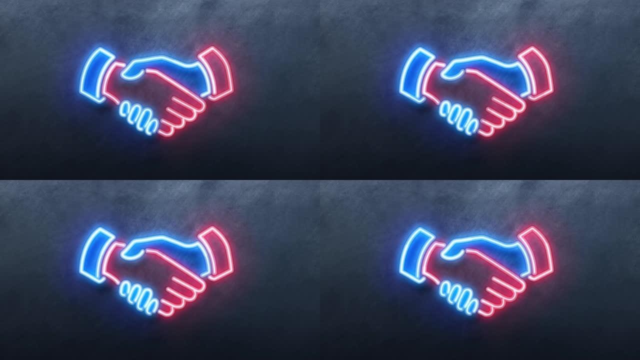 霓虹灯握手商人霓虹灯动画无缝循环。