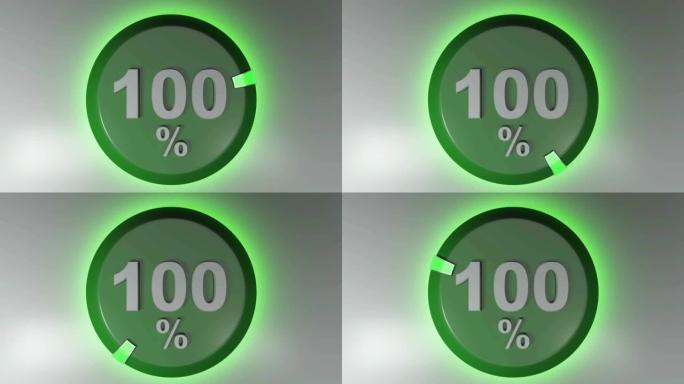 100% 绿色圆形标志与旋转光标-3D渲染视频剪辑