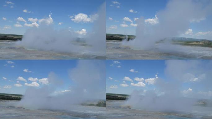 黄石国家公园下盆地间歇泉喷发时，滚烫的水和蒸汽从Clepsydra间歇泉喷出。