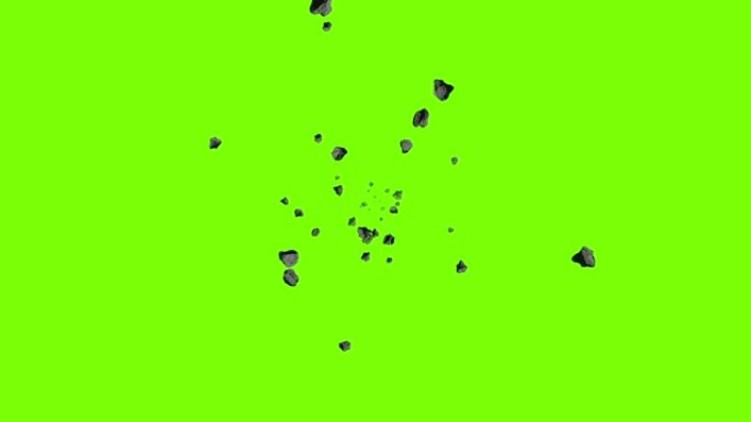 绿色屏幕背景上的飞行小行星
