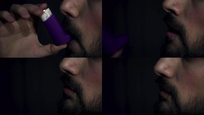 使用吸入器轻松呼吸的哮喘患者的特写镜头