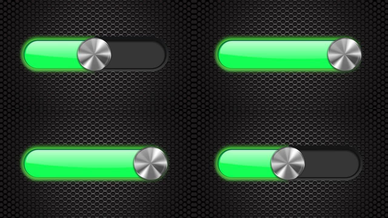 滑块按钮。用绿灯打开和关闭按钮。金属穿孔背景。动画4k视频