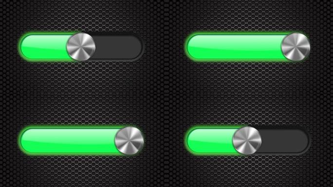 滑块按钮。用绿灯打开和关闭按钮。金属穿孔背景。动画4k视频