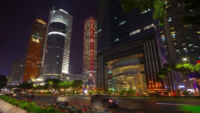 广州市中心夜间照明繁忙交通生活人行道全景延时4k中国