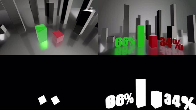 对比3D绿色和红色条形图，增长到66%和34%